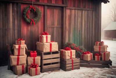 The primary subject of the image is a large pile of wrapped presents, which are stacked on top of each other. The presents are wrapped in brown paper and are placed in front of a wooden fence. The setting appears to be outdoors, with a red building in the background. The visual style of the image is a photo, capturing the details of the presents and their surroundings. The colors and mood of the image are warm and festive, with the brown paper and red building adding to the holiday atmosphere